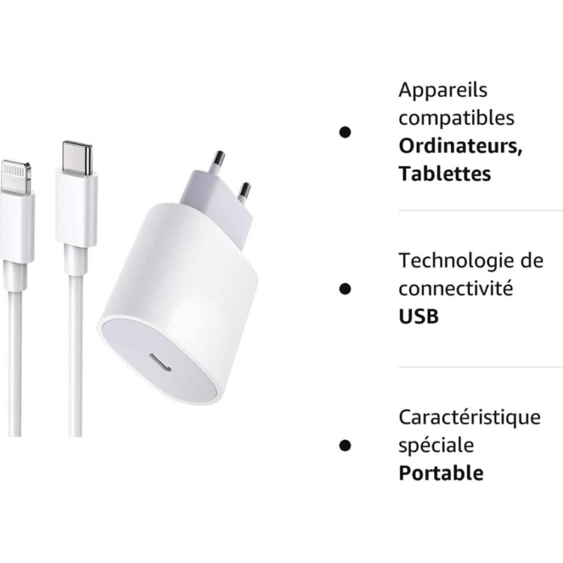 Chargeur Adaptateur 20 W et Cable USB-C vers Lightning Apple 